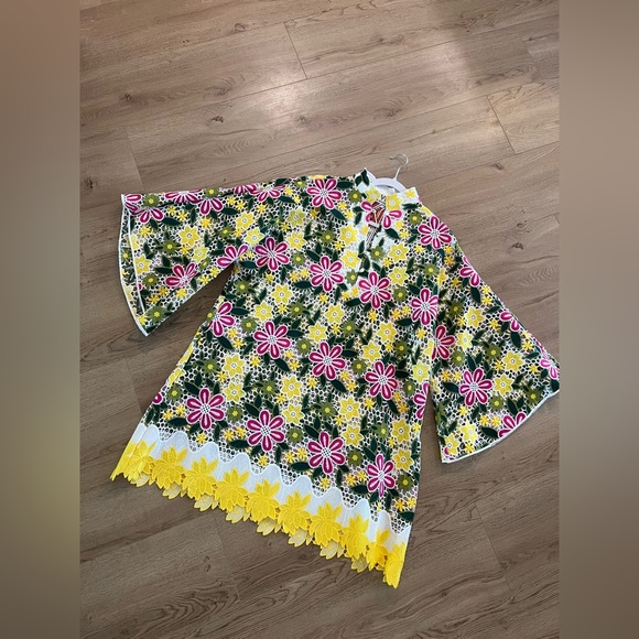 LA VIE STYLE HOUSE LVSH 3D Green Pink Yellow Floral Embroidered Lace Caftan OS - Picture 1 of 8